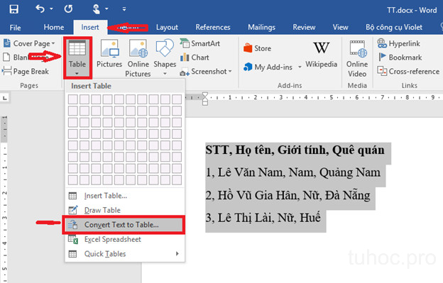 Chuyển dữ liệu thành bảng trong Word cực nhanh
