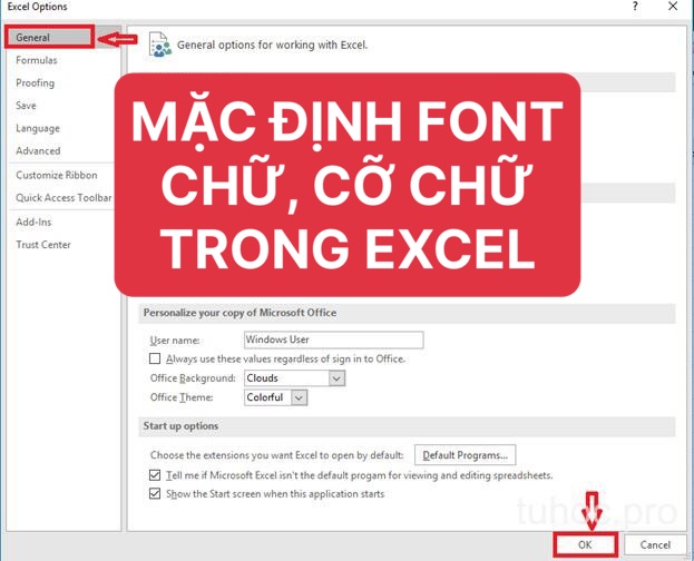 CÀI ĐẶT MẶC ĐỊNH FONT CHỮ, CỠ CHỮ TRONG EXCEL